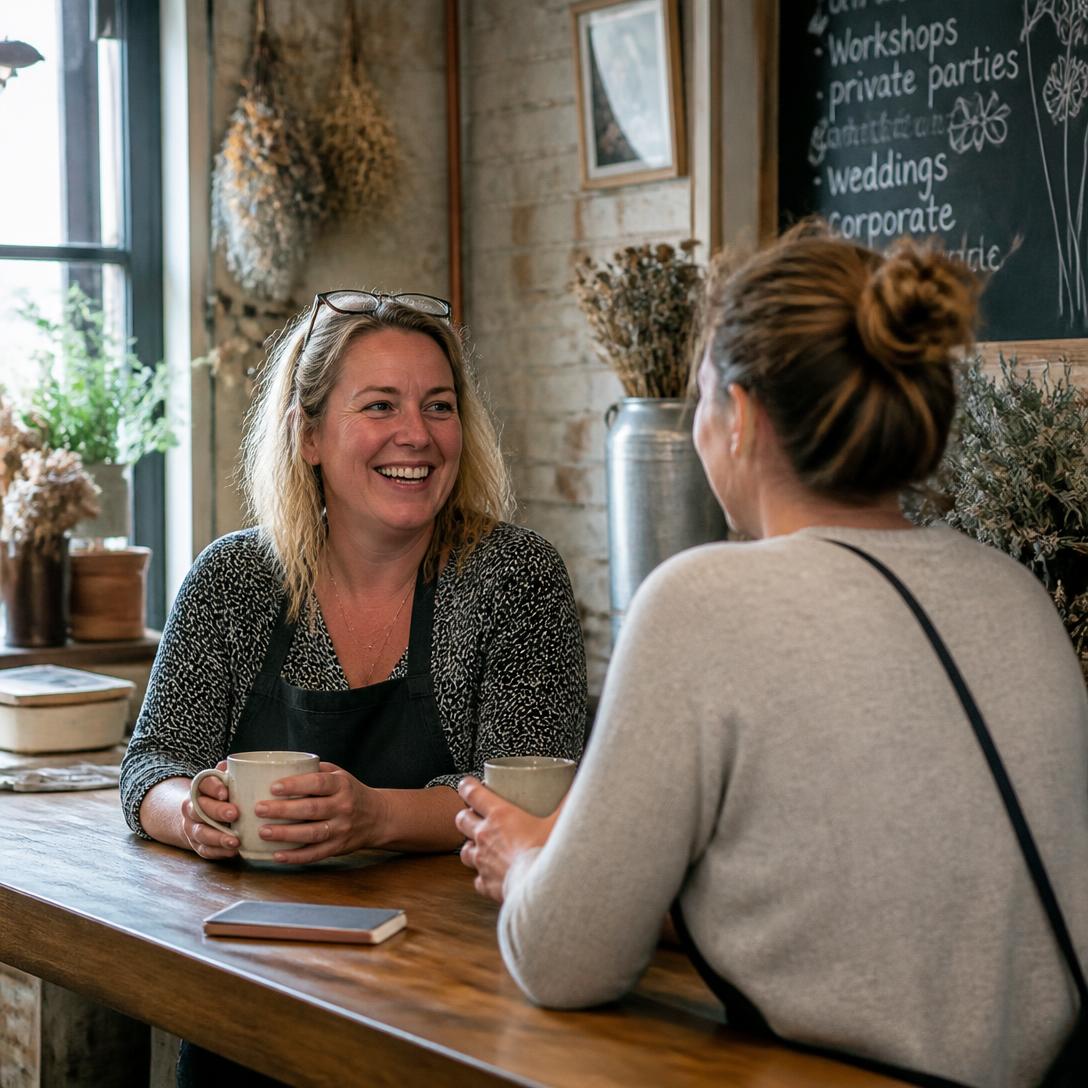 Two business owners talking over a cup of tea across a wooden counter